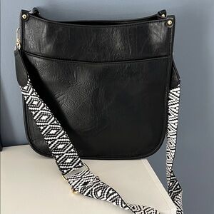 Jen and Co Black Crossbody Bag with Patterned Guitar Strap